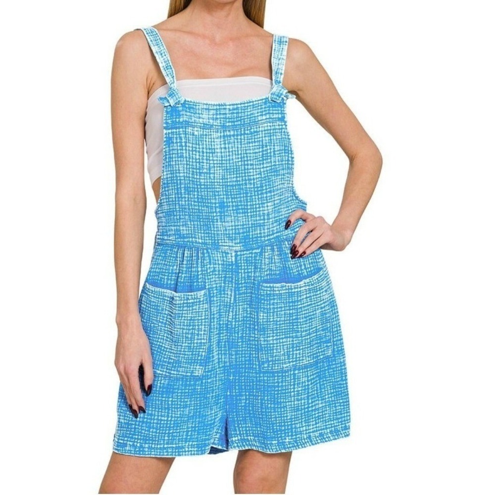 Zenana Deep Sky Blue Cotton Gauze Shorts Romper Pockets Square Neck Sleeveless S